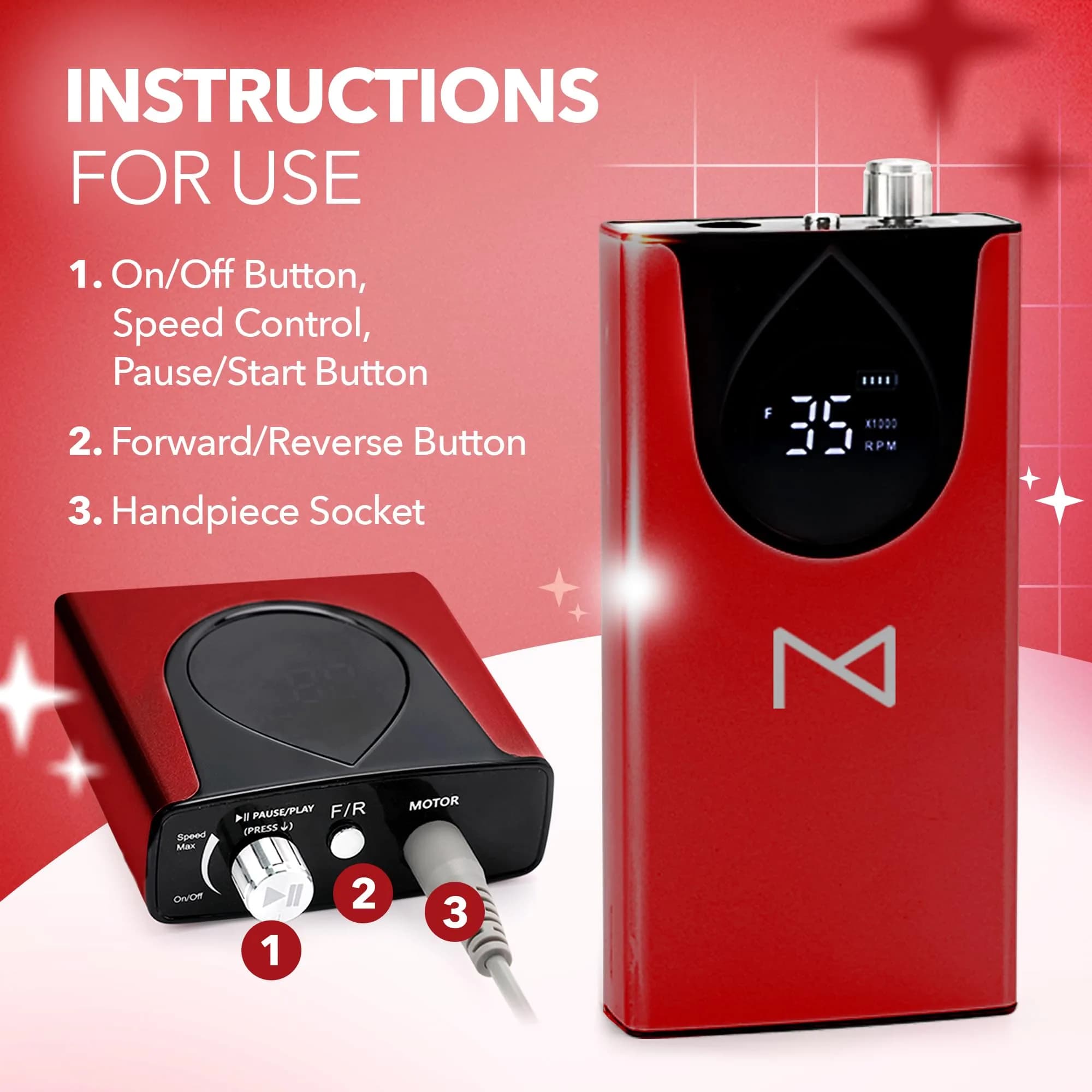 M Max Brushless 2-in-1 Nail Drill 35000 RPM Cordless Red | Professional Salon & Home Use - view 8