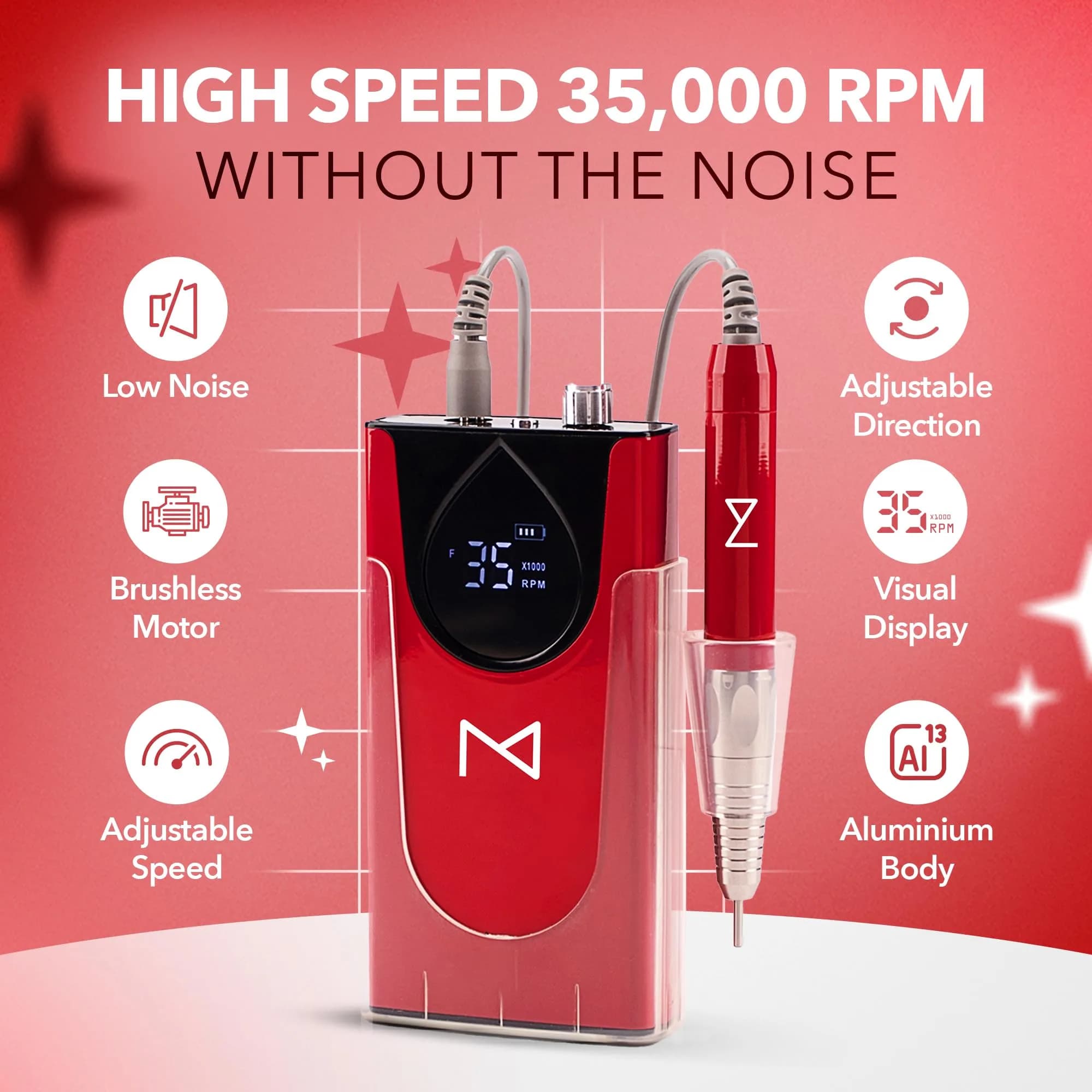 M Brushless Motor Nail Drill Handpiece - 35K RPM | Mermaid Model | Standard Red Finish | Compatible with M System - view 3