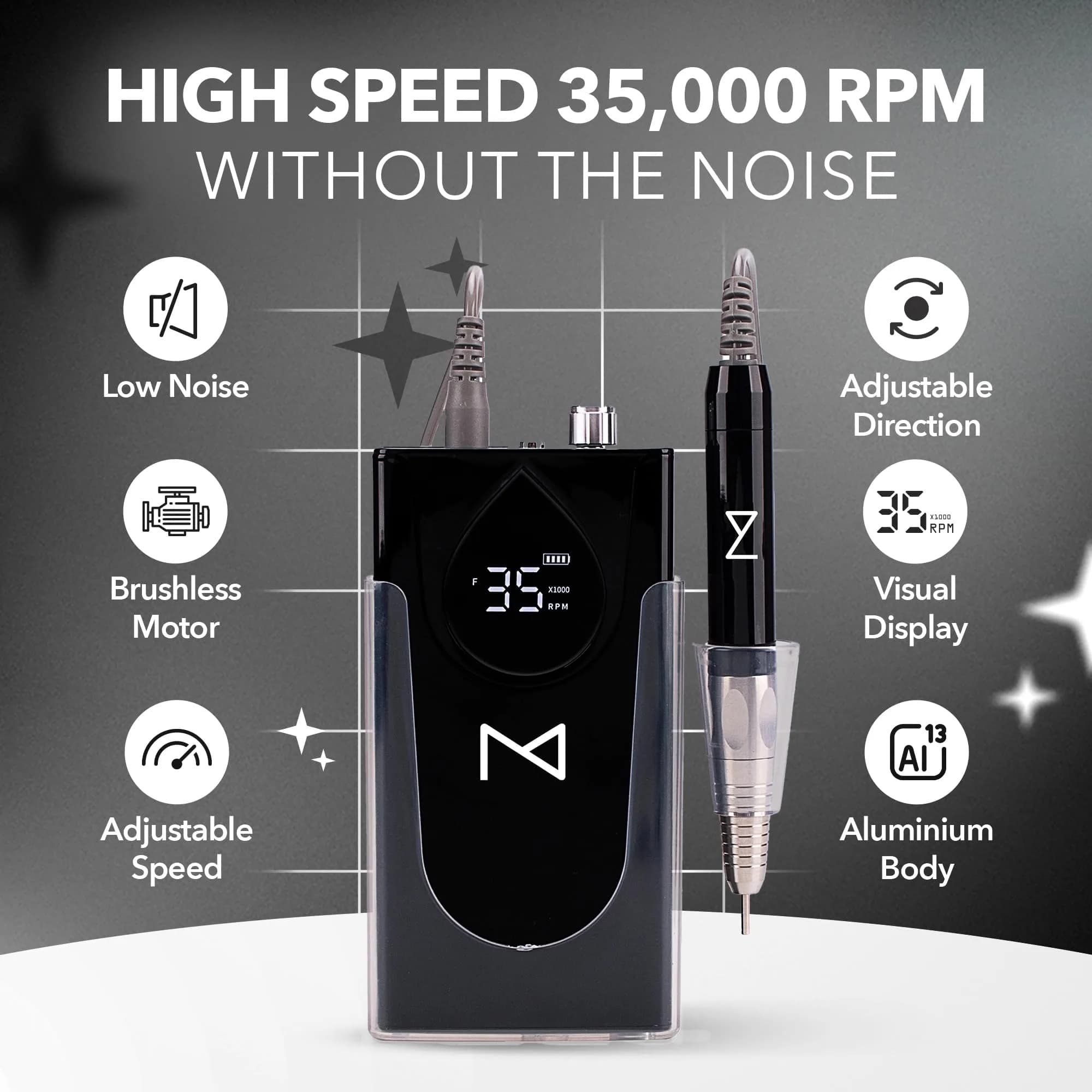 M Brushless Motor Nail Drill Handpiece - 35K RPM, Standard Black, Mermaid Model - Compatible with M System - view 3