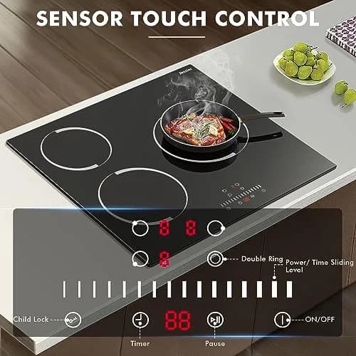 Jessier 24 Inch 3 Burner Electric Cooktop 5200W 220-240V Radiant Ceramic Glass | Built-in Hardwired Installation thumbnail 4