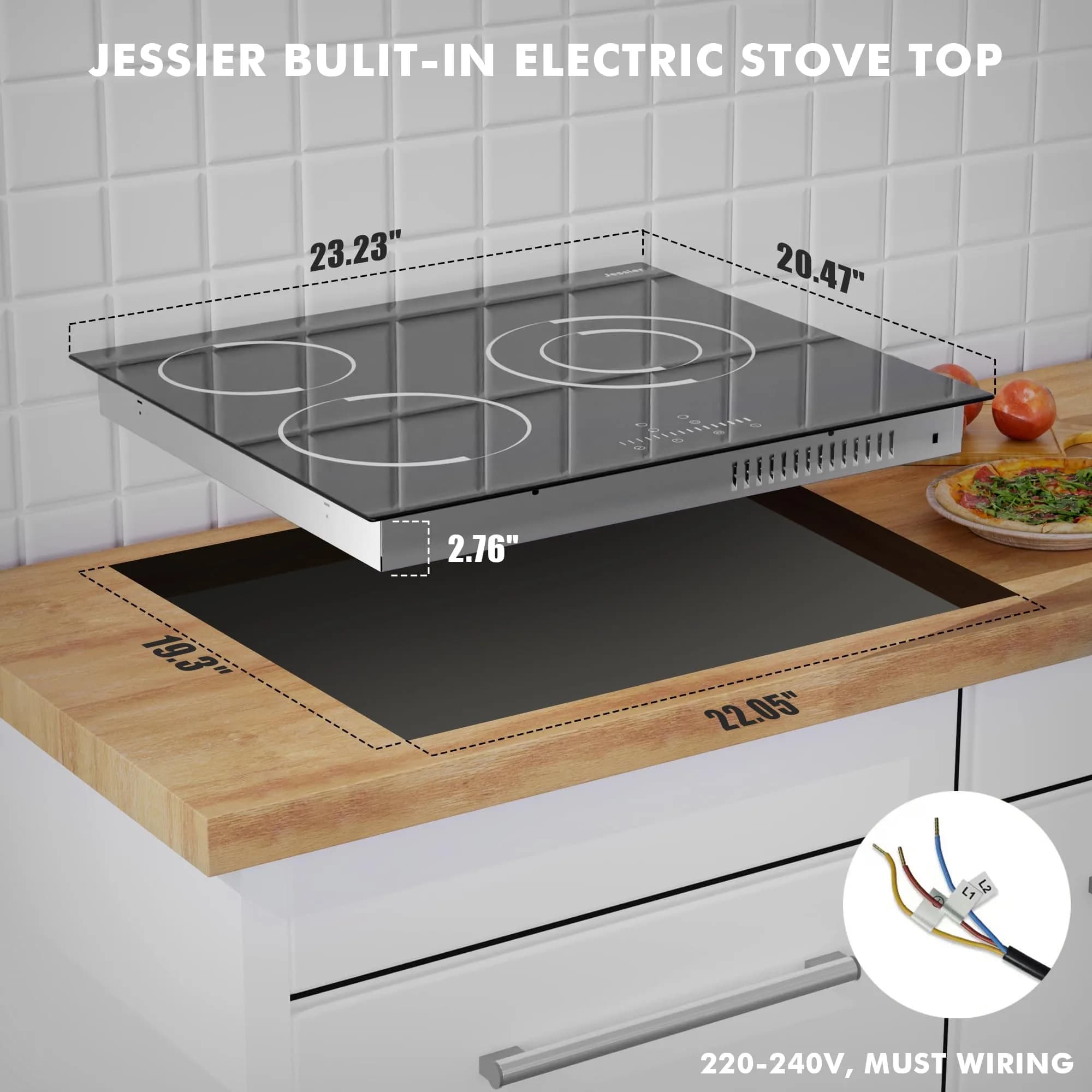 Jessier 24 Inch 3 Burner Electric Cooktop 5200W 220-240V Radiant Ceramic Glass | Built-in Hardwired Installation - view 5