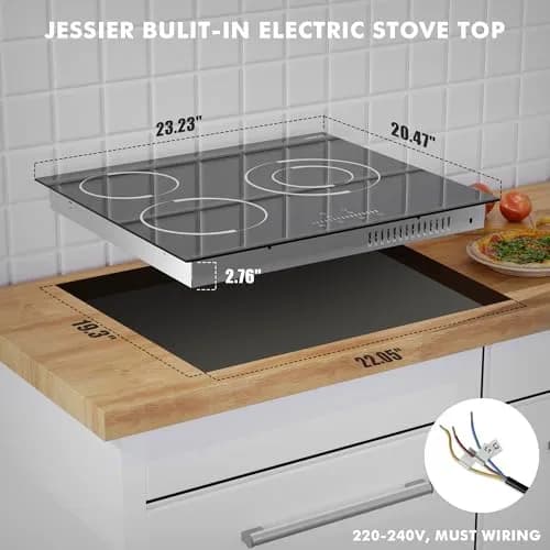 Jessier 24 Inch 3 Burner Electric Cooktop 5200W 220-240V Radiant Ceramic Glass | Built-in Hardwired Installation thumbnail 5