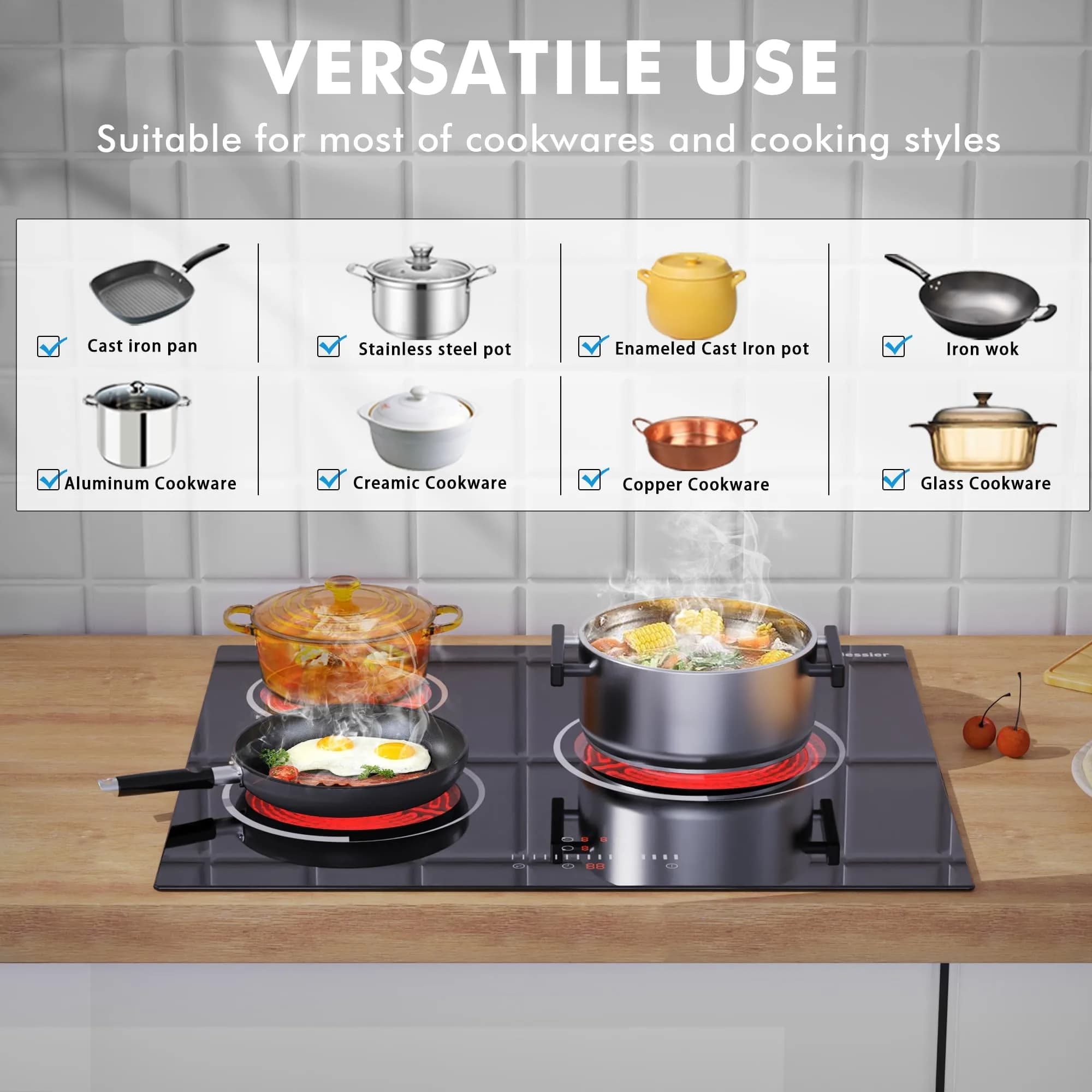 Jessier 24 Inch 3 Burner Electric Cooktop 5200W 220-240V Radiant Ceramic Glass | Built-in Hardwired Installation - view 6