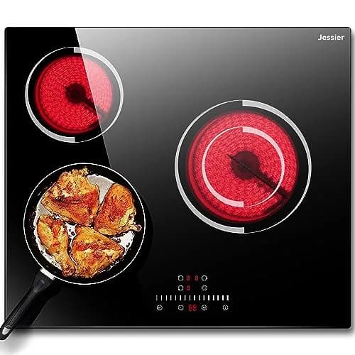 Jessier 24 Inch 3 Burner Electric Cooktop 5200W 220-240V Radiant Ceramic Glass | Built-in Hardwired Installation thumbnail 1