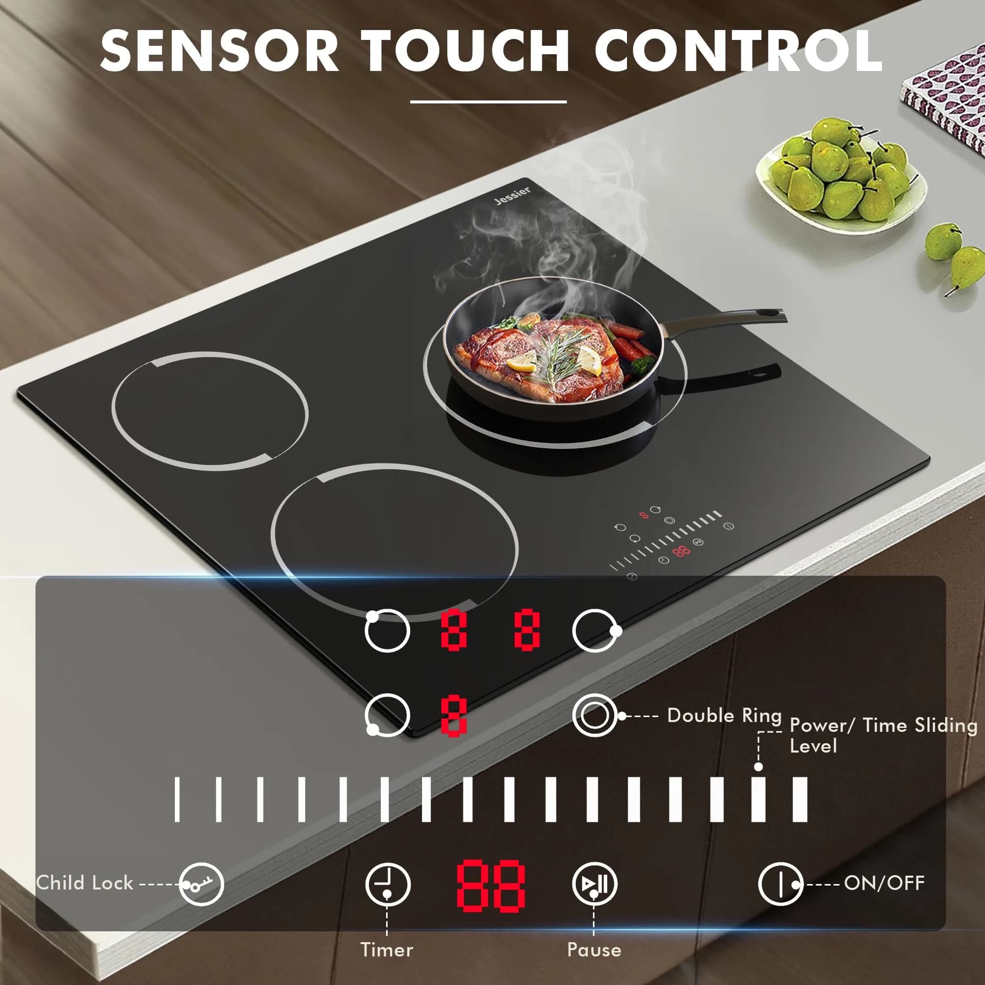 Jessier 24 Inch 3-Burner Touch Electric Cooktop - 220-240V Ceramic Stovetop - view 4