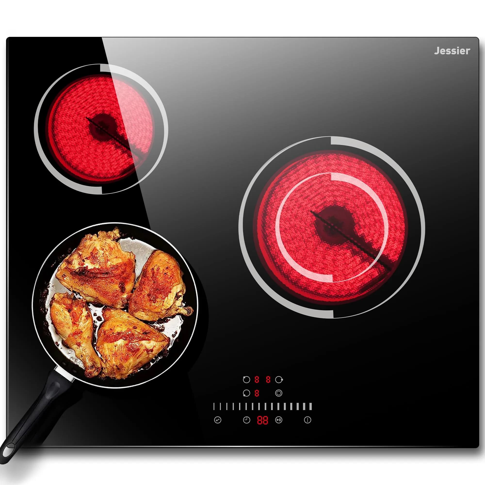 Jessier 30 Inch 8400W 5-Burner Electric Cooktop with Dual Ring & Timer | Built-in Ceramic Stovetop (29.13"x19.3" Cutout) — 24 Inch 3 Burner / 220-240V / Touch
