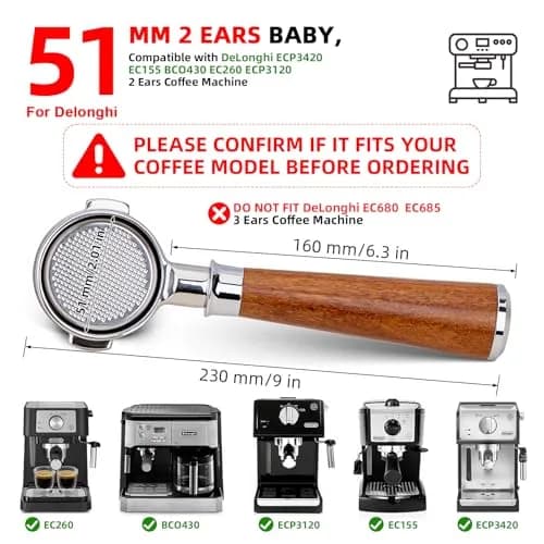 YMWVH 51mm Bottomless Portafilter 2 Ear for De-longhi ECP3420/EC155/BCO430/EC260 | Real-Time Brew Control thumbnail 4