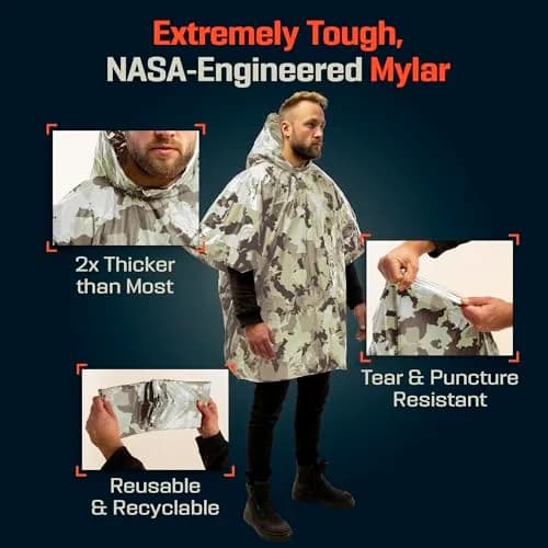 PREPARED4X Emergency Poncho with Mylar Blanket Liner 4-Pack (Snow Camo) | Waterproof & Wind-Resistant Thermal Poncho for Outdoors thumbnail 5