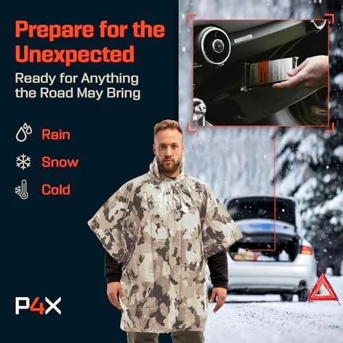 PREPARED4X Emergency Poncho with Mylar Blanket Liner 4-Pack (Snow Camo) | Waterproof & Wind-Resistant Thermal Poncho for Outdoors thumbnail 6