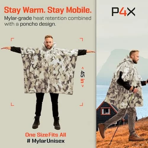 PREPARED4X Emergency Poncho with Mylar Blanket Liner 4-Pack (Snow Camo) | Waterproof & Wind-Resistant Thermal Poncho for Outdoors thumbnail 2