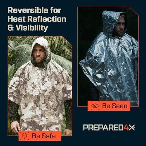 PREPARED4X Emergency Poncho with Mylar Blanket Liner 4-Pack (Snow Camo) | Waterproof & Wind-Resistant Thermal Poncho for Outdoors thumbnail 4