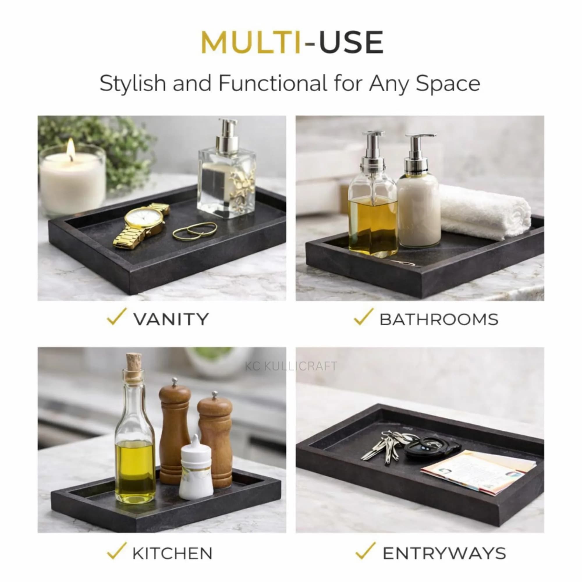 KC KULLICRAFT Natural Marble Tray 30cm x 20cm (12" x 8") | Elegant Black Finish for Bathroom Vanity & Kitchen Countertop - view 9