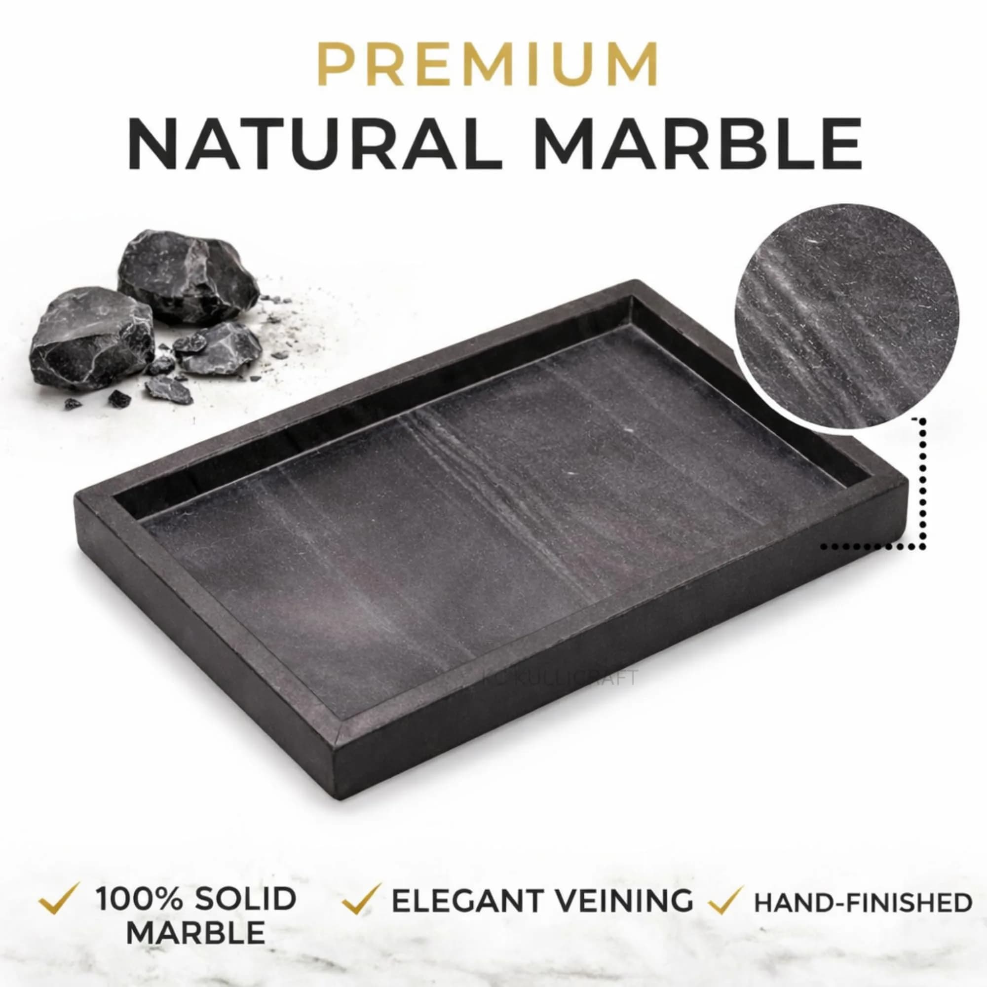 KC KULLICRAFT Natural Marble Tray 30cm x 20cm (12" x 8") | Elegant Black Finish for Bathroom Vanity & Kitchen Countertop - view 3