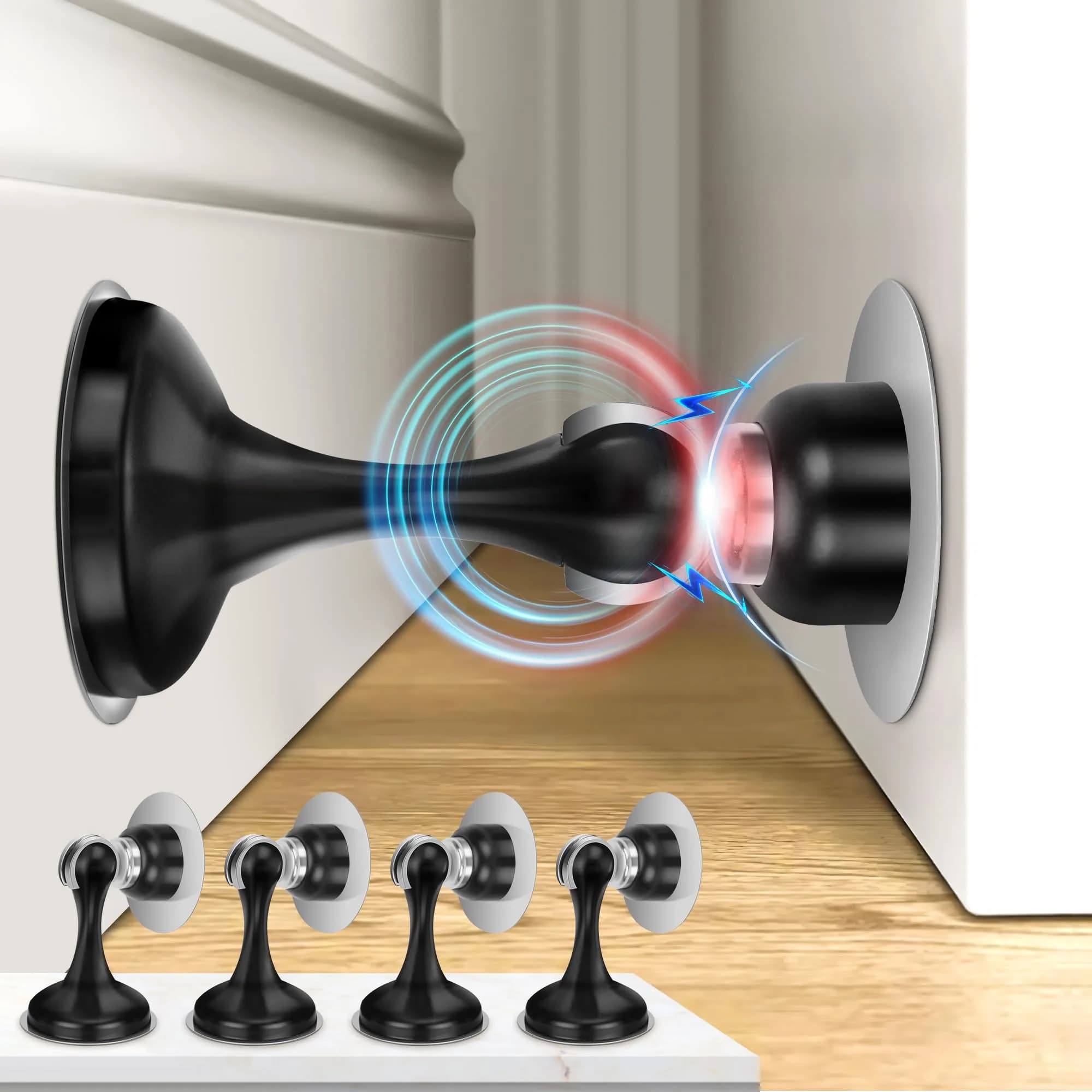 Crosize Magnetic Door Stopper 4 Pack Black | Strong Magnetism for Wall & Floor Mounting - main product image
