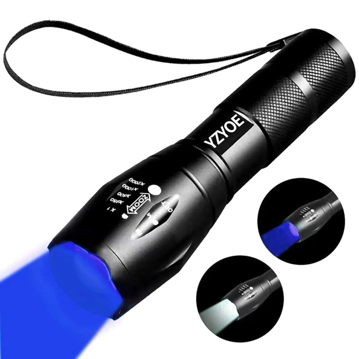 YZYOE 2-in-1 Rechargeable Flashlight with White & Blue Light 12.5 cm (4.92 in) | Zoomable Beam for Blood Tracking & General Use — Blue