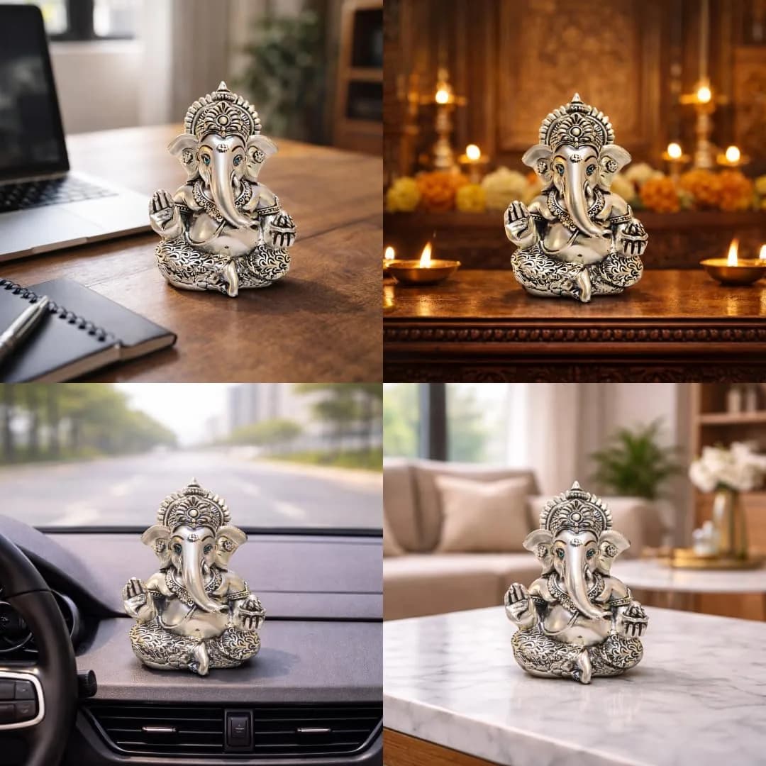 Gold Art India 999 Matte Silver Plated Mukut Ganesha Figurine 8.9 cm (3.5") | Traditional Indian Craftsmanship - view 7