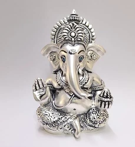 Gold Art India 999 Matte Silver Plated Mukut Ganesha Figurine 8.9 cm (3.5") | Traditional Indian Craftsmanship thumbnail 1