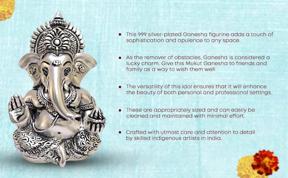 Gold Art India 999 Matte Silver Plated Mukut Ganesha Figurine 8.9 cm (3.5") | Traditional Indian Craftsmanship - view 9