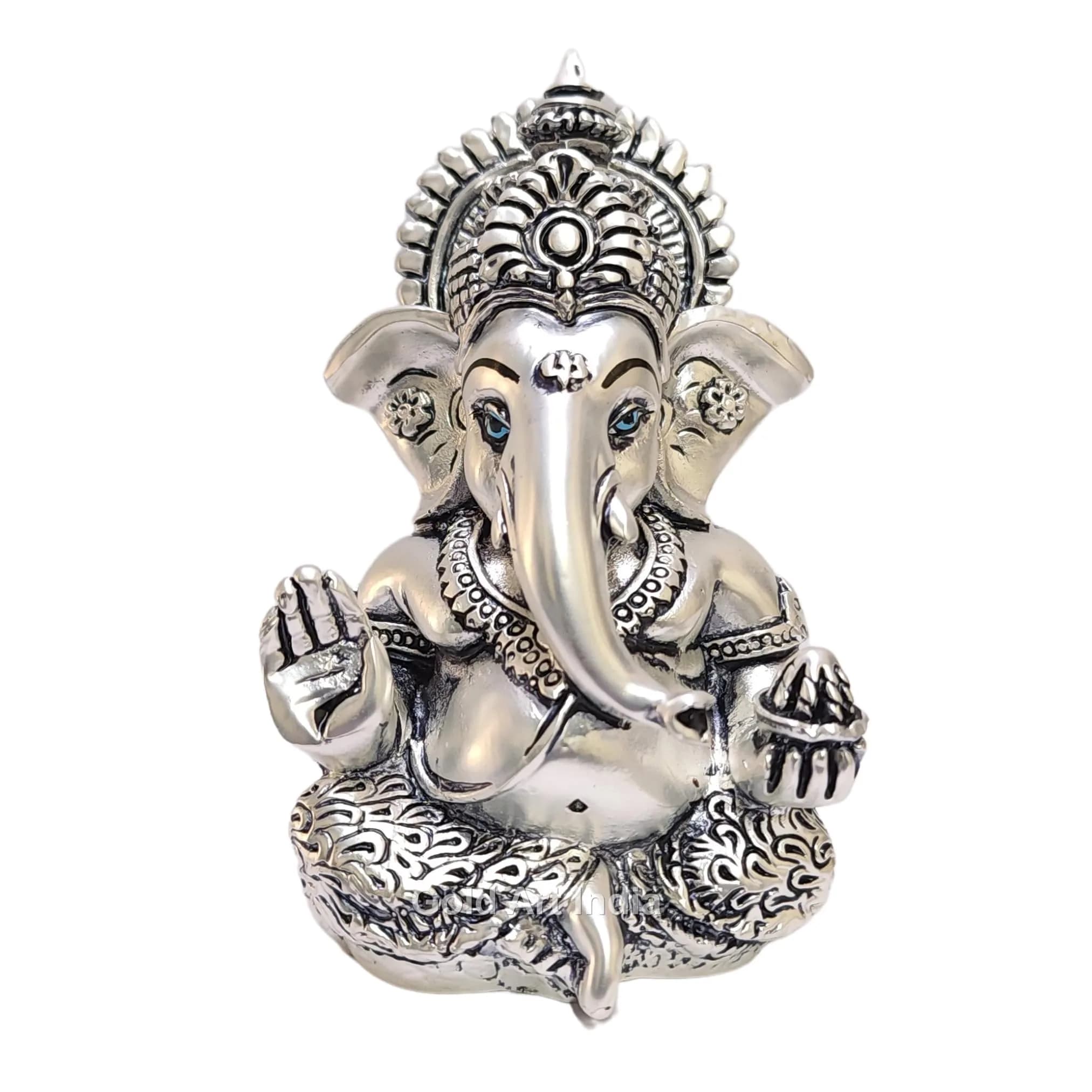 Gold Art India 999 Matte Silver Plated Mukut Ganesha Figurine 8.9 cm (3.5") | Traditional Indian Craftsmanship - view 2