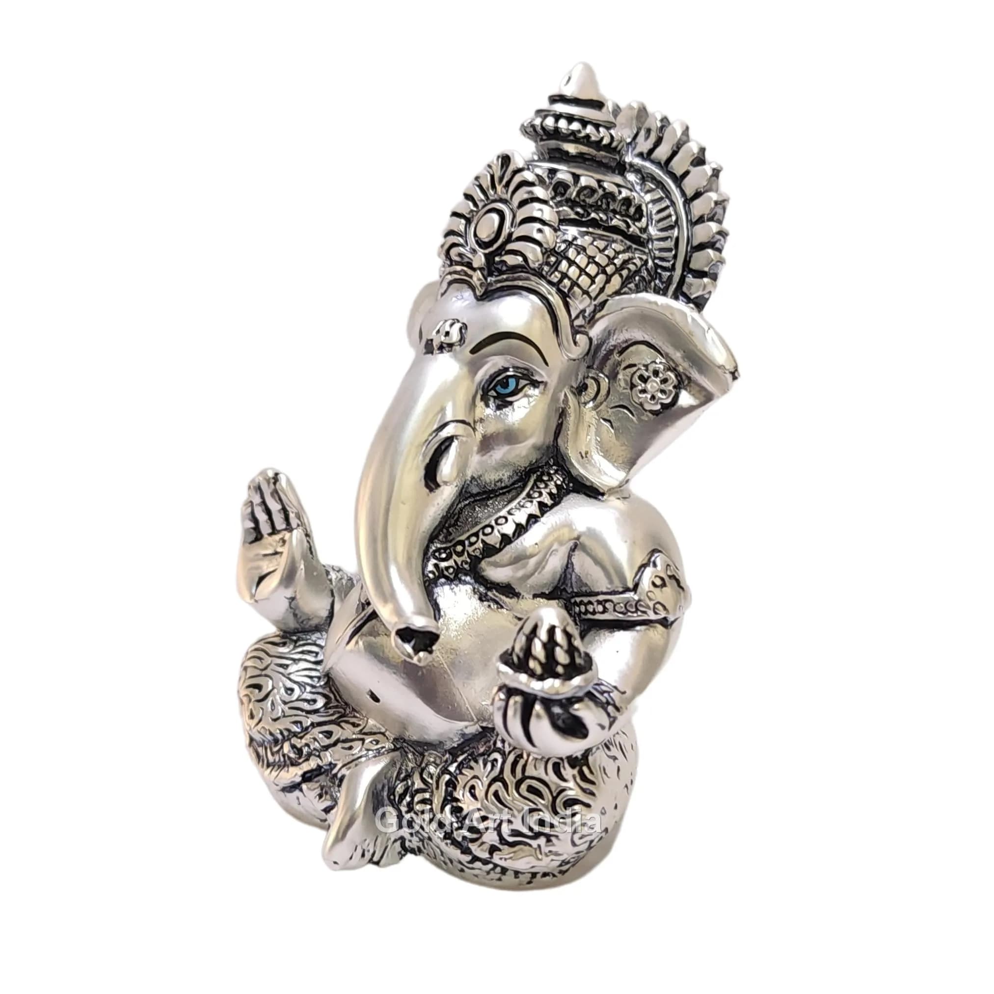 Gold Art India 999 Matte Silver Plated Mukut Ganesha Figurine 8.9 cm (3.5") | Traditional Indian Craftsmanship - view 3