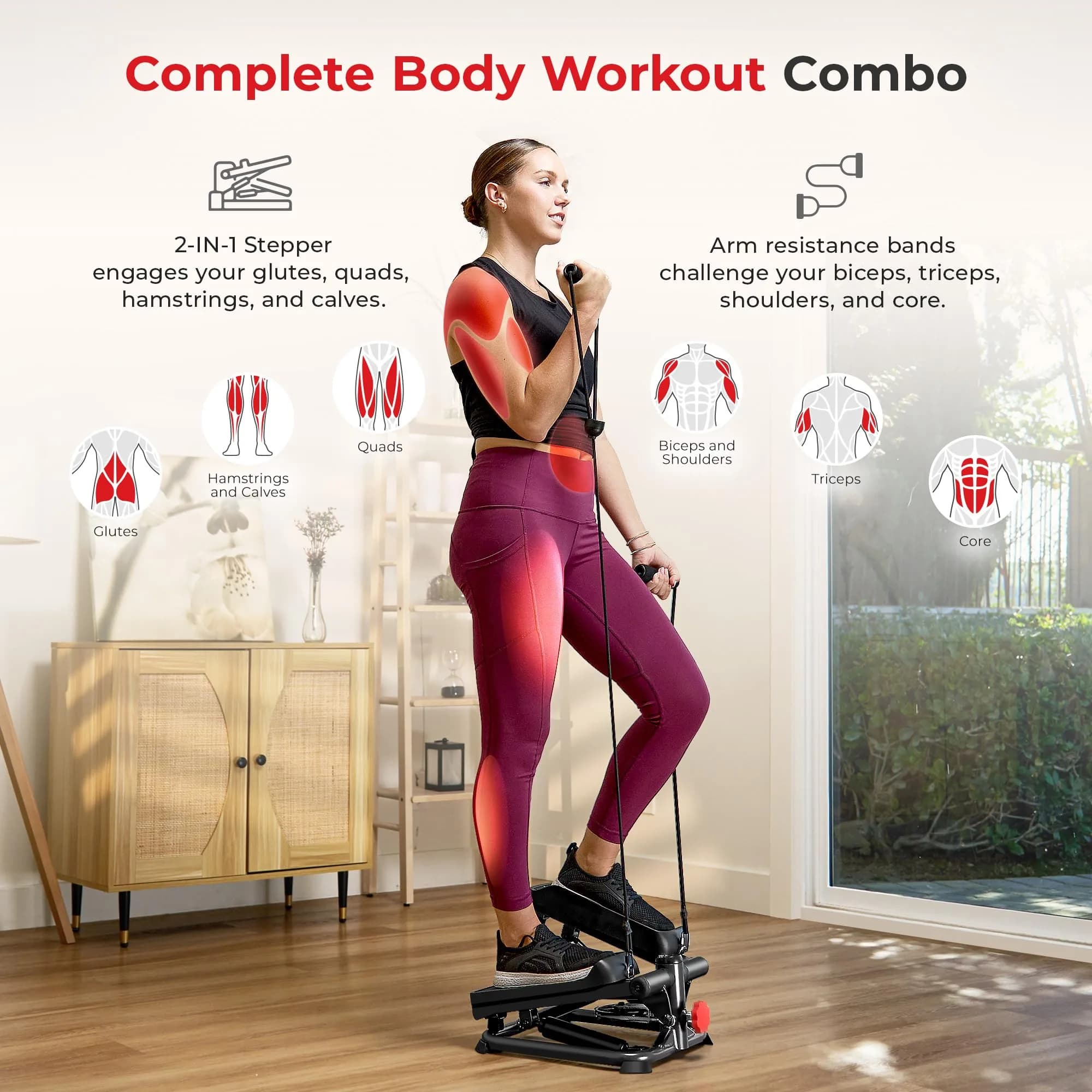 Sunny Health & Fitness Smart Mini Stepper with Bands & Adjustable Step Height | Full Body Workout Home Cardio 8.26 kg (18.2 lb) - view 2