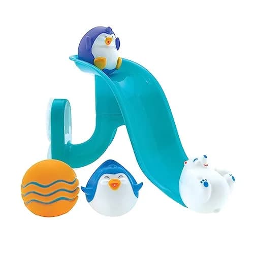 Nuby Penguin Slide Bath Toy Play Set with 4 Bath Squirters | Baby Bath Toys for 12+ Months, Suction Cup Attaches to Shower Wall thumbnail 1