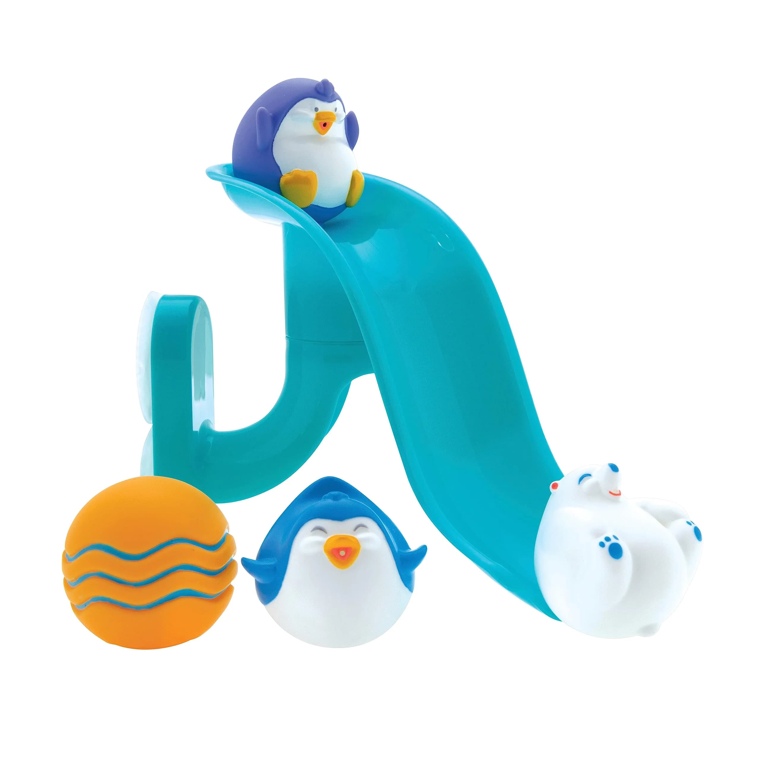 Nuby Penguin Slide Bath Toy Play Set with 4 Bath Squirters | Baby Bath Toys for 12+ Months, Suction Cup Attaches to Shower Wall