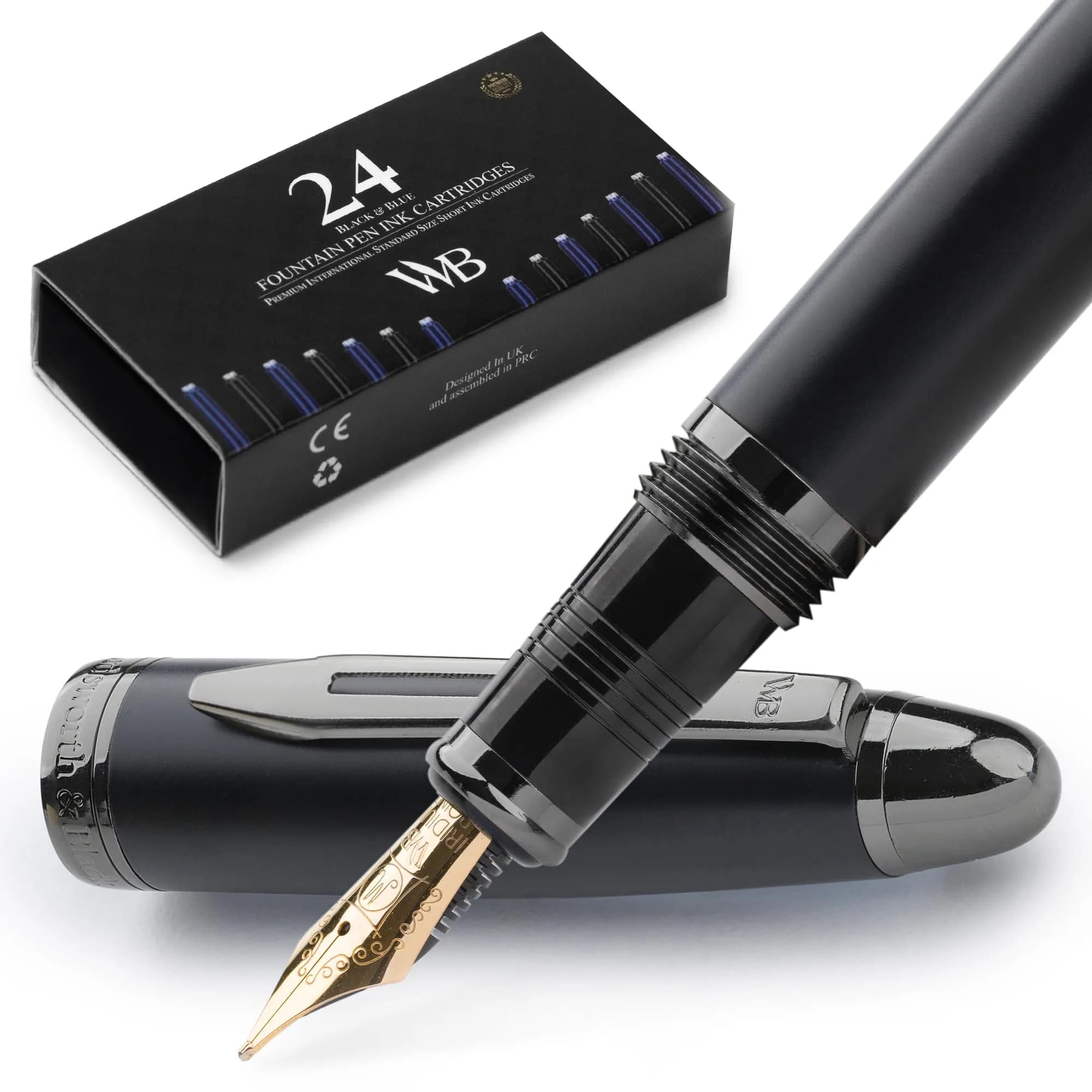 Wordsworth & Black Majesti Luxury Fountain Pen Set with Medium Nib | Brass, Black Lacquer, German Iridium Nib, 24 Ink Cartridges — Metallic Black