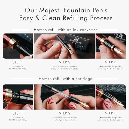 Wordsworth & Black Majesti Luxury Fountain Pen Set with Medium Nib | Brass, Black Lacquer, German Iridium Nib, 24 Ink Cartridges thumbnail 9