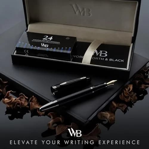 Wordsworth & Black Majesti Luxury Fountain Pen Set with Medium Nib | Brass, Black Lacquer, German Iridium Nib, 24 Ink Cartridges thumbnail 2
