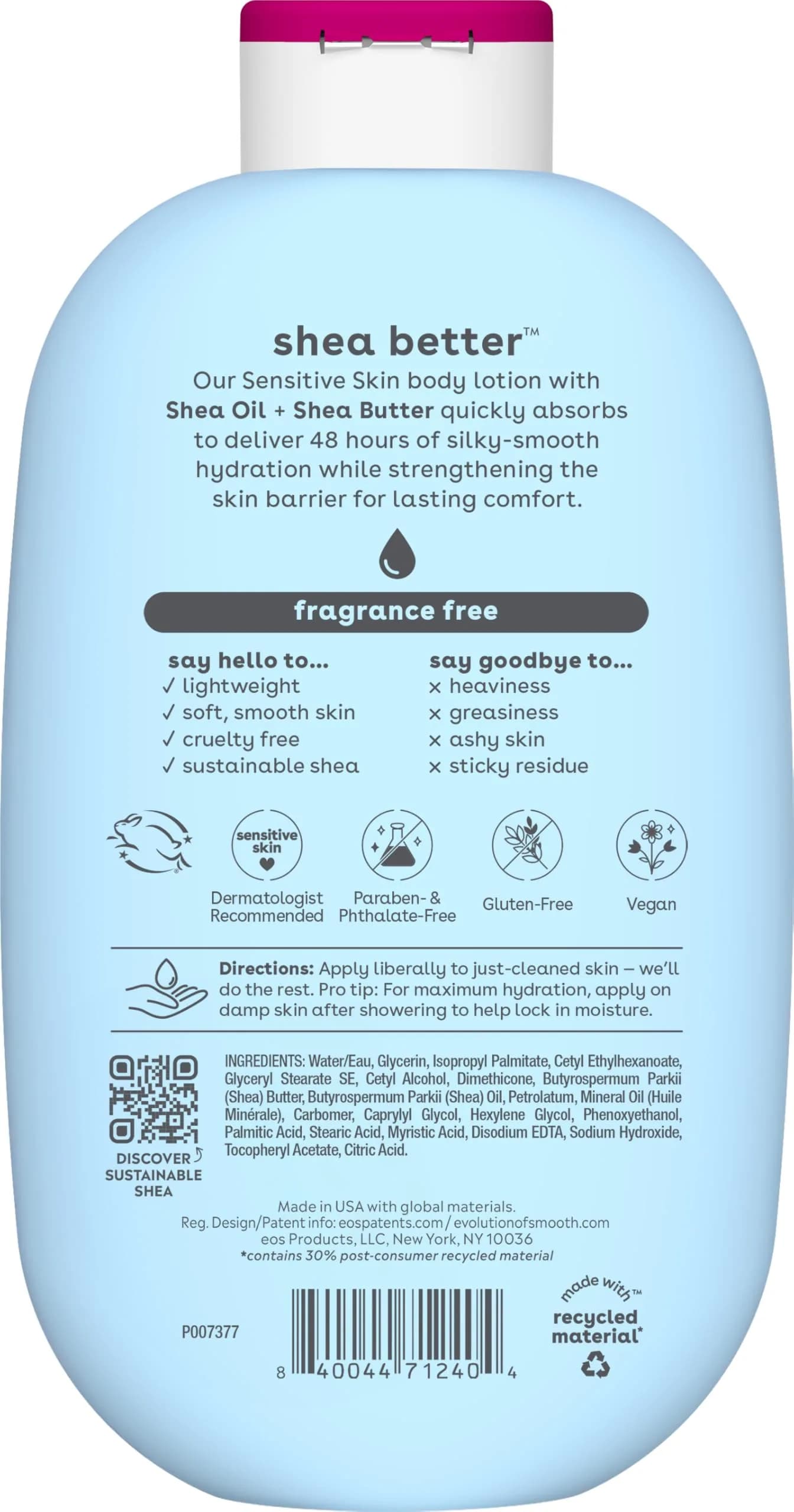 eos Shea Better Sensitive Skin Body Lotion 473ml (16 fl oz) | Fragrance-Free, 48-Hour Moisture for Dry & Eczema-Prone Skin - view 7