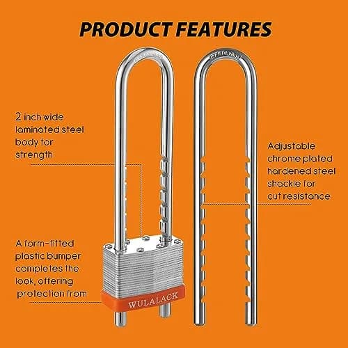 WULALACK Heavy Duty Laminated Steel Keyed Padlock with Adjustable Long Shackle | 2 inch Wide Body, 2-3/8 to 5-15/16 inch Shackle Length thumbnail 3