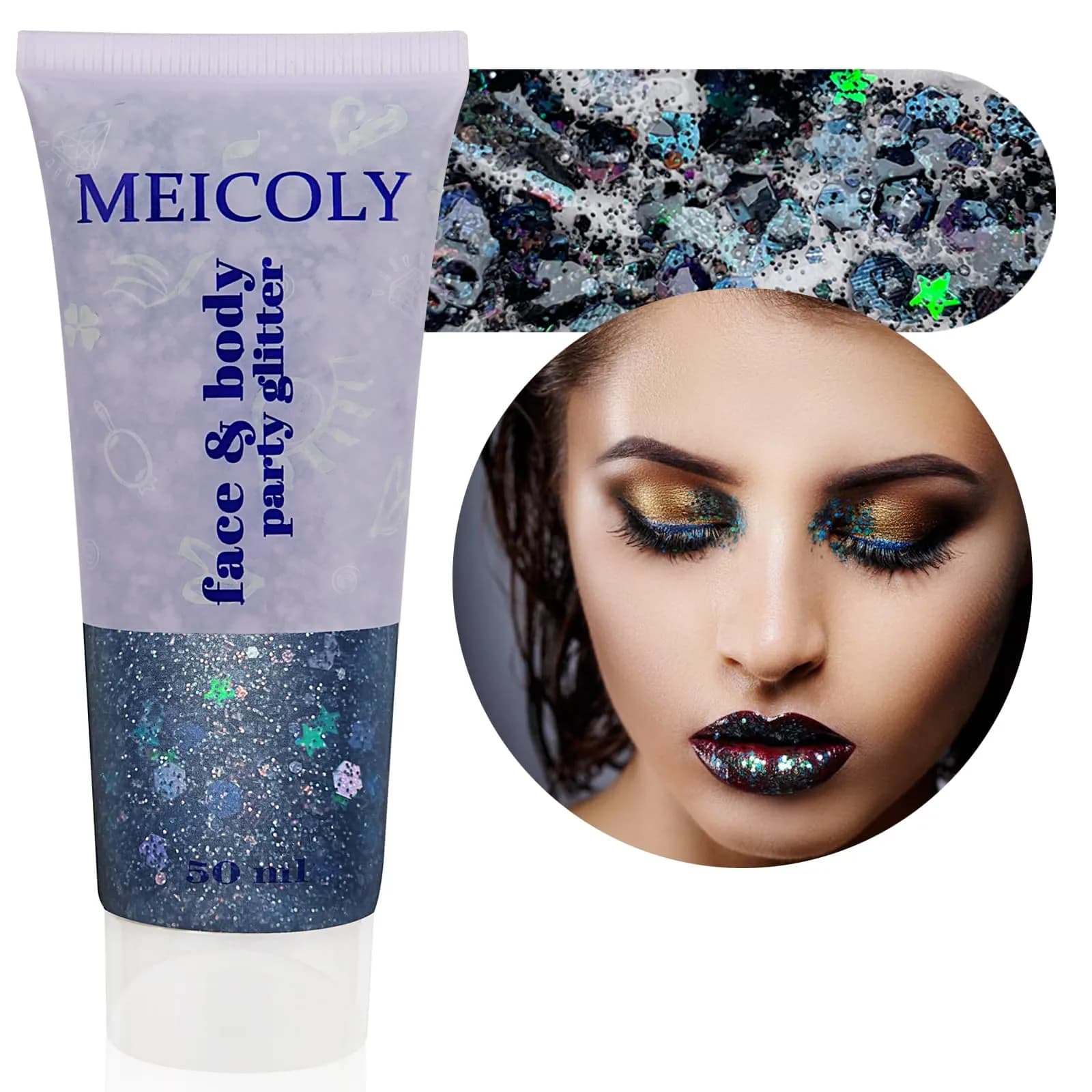 MEICOLY Black Face Glitter Gel 25.5g (0.9 Oz) | Holographic Mermaid Sequins for Festivals & Cosplay - main product image
