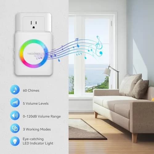 TECKNET Wireless Doorbell Kit with 1300ft Range & 60 Chimes | White (1 Transmitter & 1 Receiver) thumbnail 2