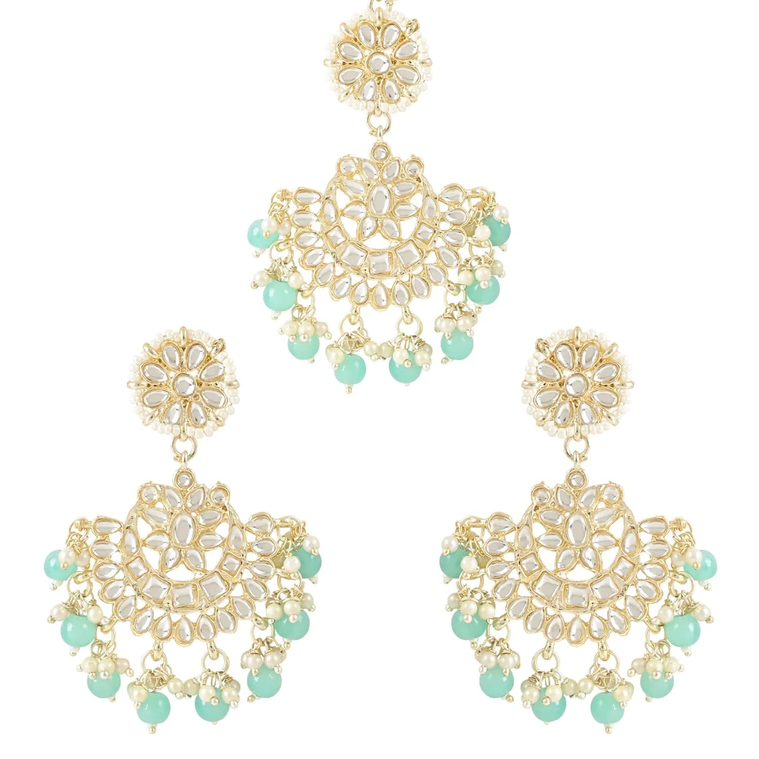 I Jewels Gold Plated Kundan & Faux Pearl Chandbali Earrings with Maang Tikka Set (14.3cm Maang Tikka, 7cm Earrings) | Traditional Indian Wedding Jewelry — Turquoise