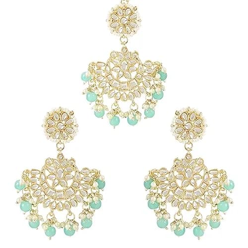 I Jewels Gold Plated Kundan & Faux Pearl Chandbali Earrings with Maang Tikka Set for Women | Traditional Indian Wedding Jewelry thumbnail 1