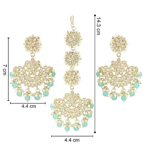 I Jewels Gold Plated Kundan & Faux Pearl Chandbali Earrings with Maang Tikka Set for Women | Traditional Indian Wedding Jewelry thumbnail 5