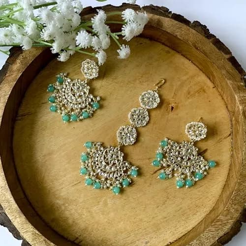 I Jewels Gold Plated Kundan & Faux Pearl Chandbali Earrings with Maang Tikka Set for Women | Traditional Indian Wedding Jewelry thumbnail 2