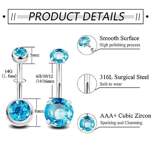 NICEIGHT 2PCS 14G Surgical Steel Belly Button Rings | Hypoallergenic CZ Navel Jewelry (12mm) thumbnail 3