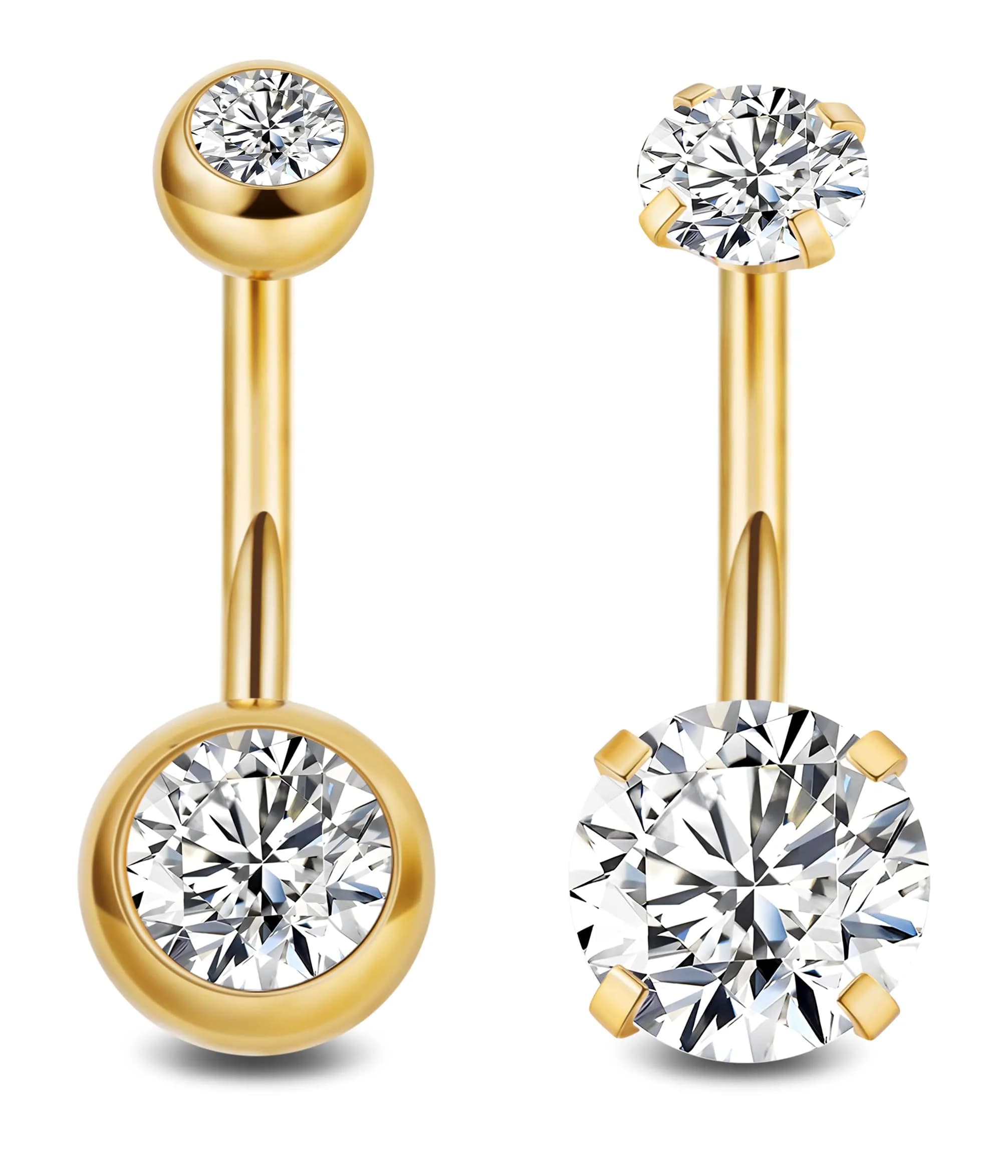 NICEIGHT 2PCS 14G Surgical Steel Belly Button Rings | Hypoallergenic CZ Navel Jewelry for Women — Gold