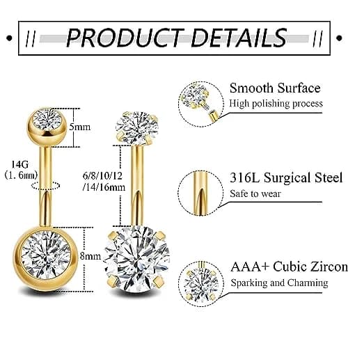 NICEIGHT 2PCS 14G Surgical Steel Belly Button Rings | Hypoallergenic CZ Navel Jewelry for Women thumbnail 3