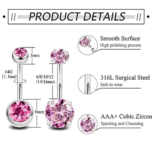NICEIGHT 2PCS 14G Surgical Steel Belly Button Rings | Hypoallergenic CZ Navel Jewelry (12mm) thumbnail 3