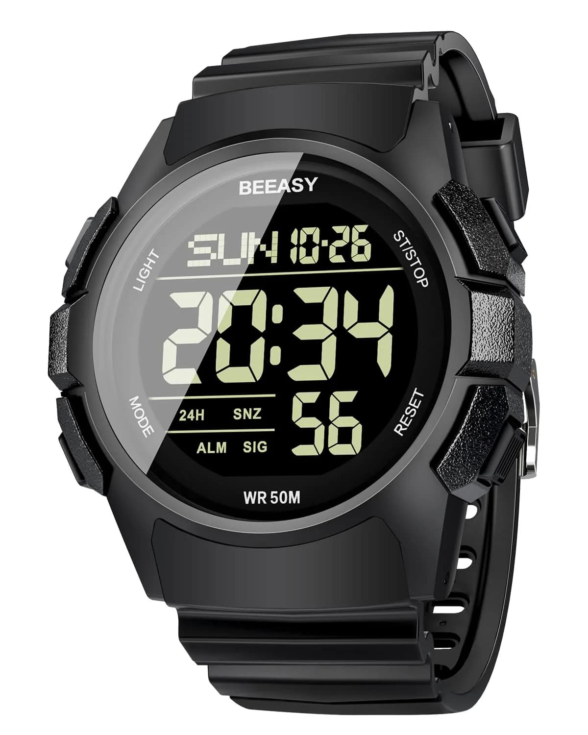 Beeasy Men's Digital Sports Watch 49mm (1.93 inches) | 5ATM Waterproof, Shock-Resistant, Stopwatch — Black Dial
