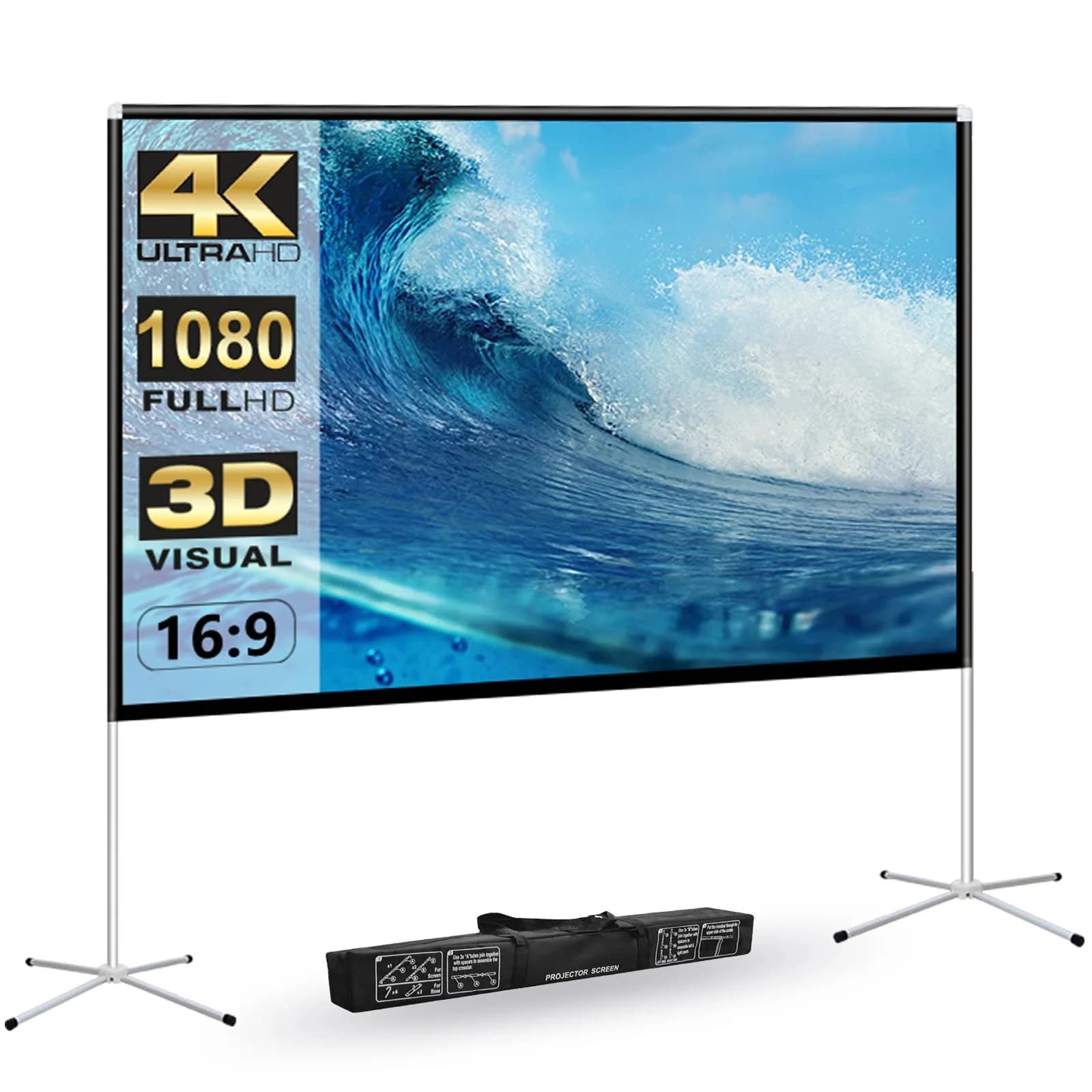 AODIOU 120 Inch Portable Projector Screen with Stand & Carry Bag | Wrinkle-Free HD 4K Outdoor Movie Screen — 120 Inch