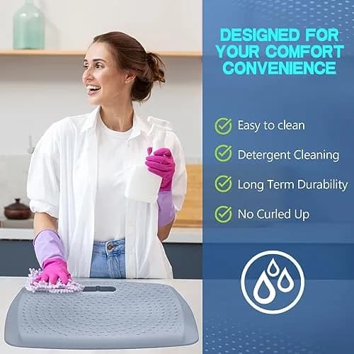 ergohead 3/4 inch anti fatigue standing desk mat, portable small standing pad with handle, waterproof kitchen floor mat with massage points, denim, 17" x 22" | Comfort & Support thumbnail 6