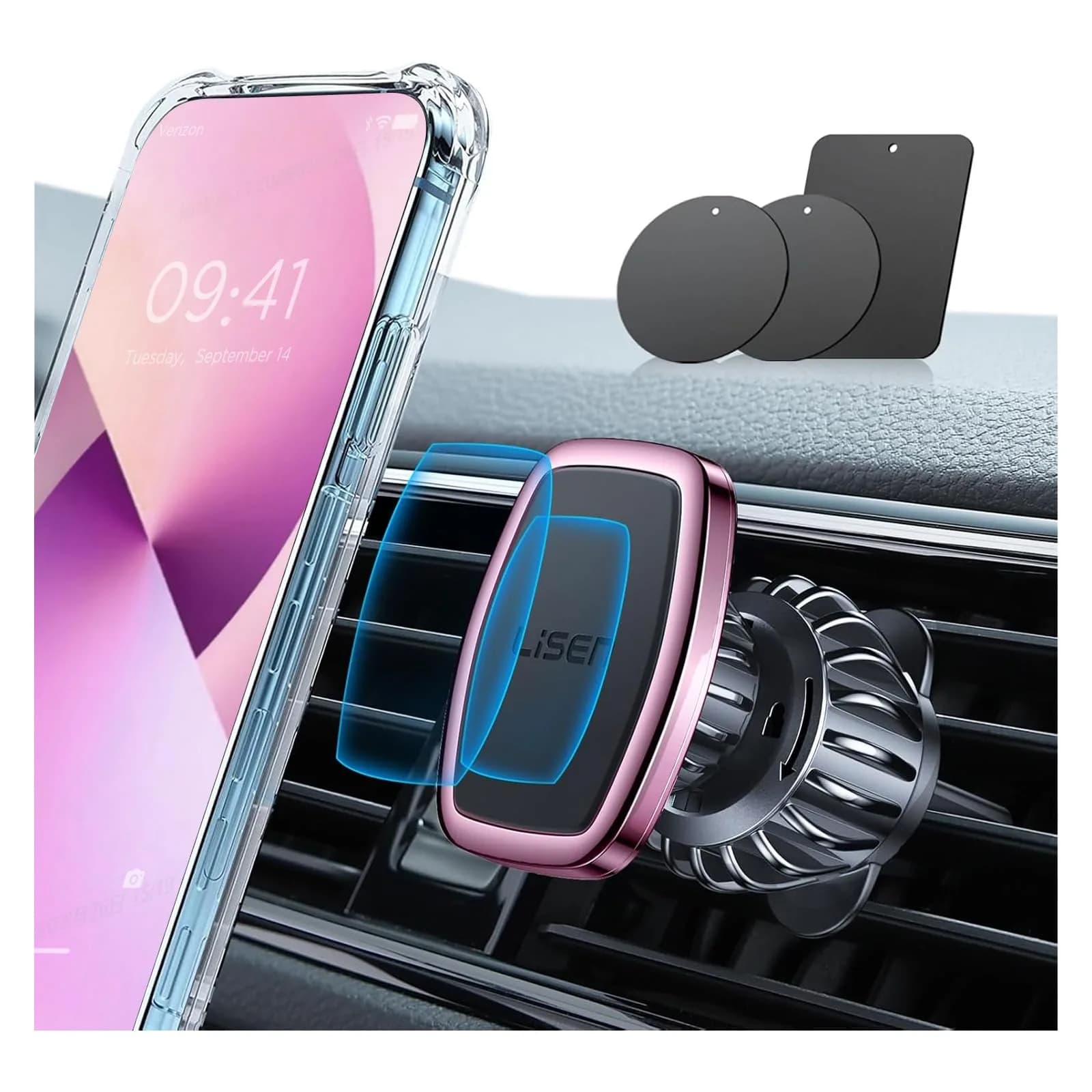 LISEN Magnetic Phone Holder for Car with Upgraded Clip, Pink | Secure 6-Magnet Mount for Vent & Dashboard — Pink