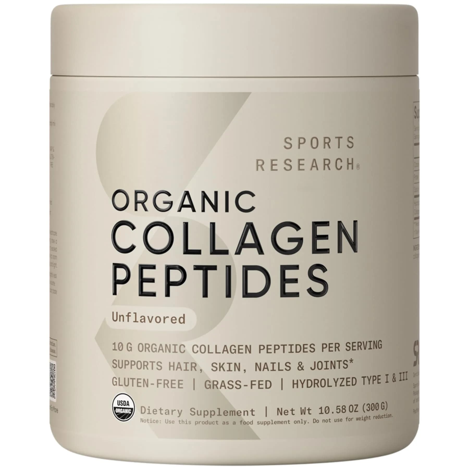 Sports Research Organic Collagen Peptides Powder Unflavored 300g (10.58 oz) | USDA Organic Daily Wellness Support - main product image