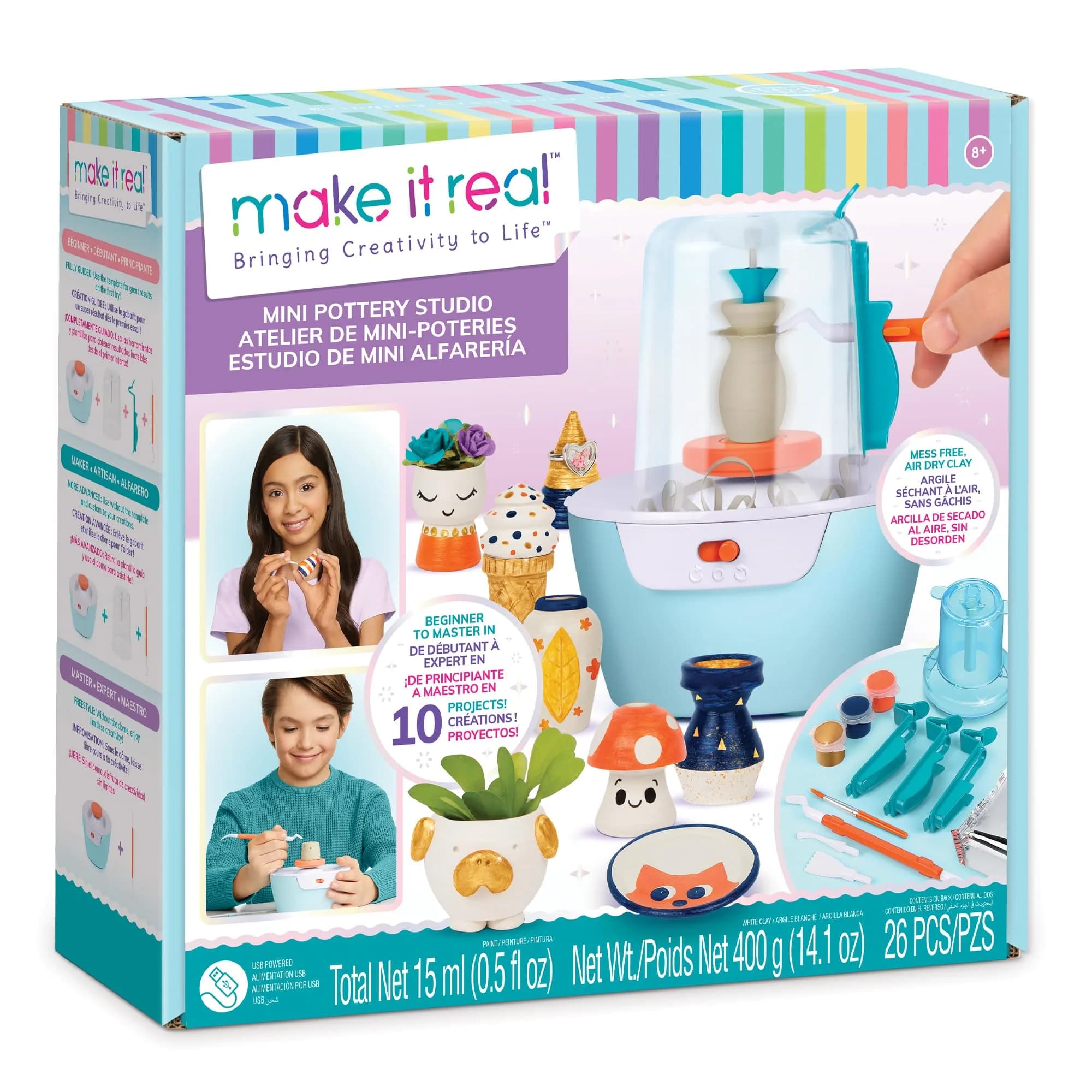 Make It Real Mini Pottery Studio - 26-Piece DIY Kit with Air Dry Clay | Beginner to Master Levels — multi