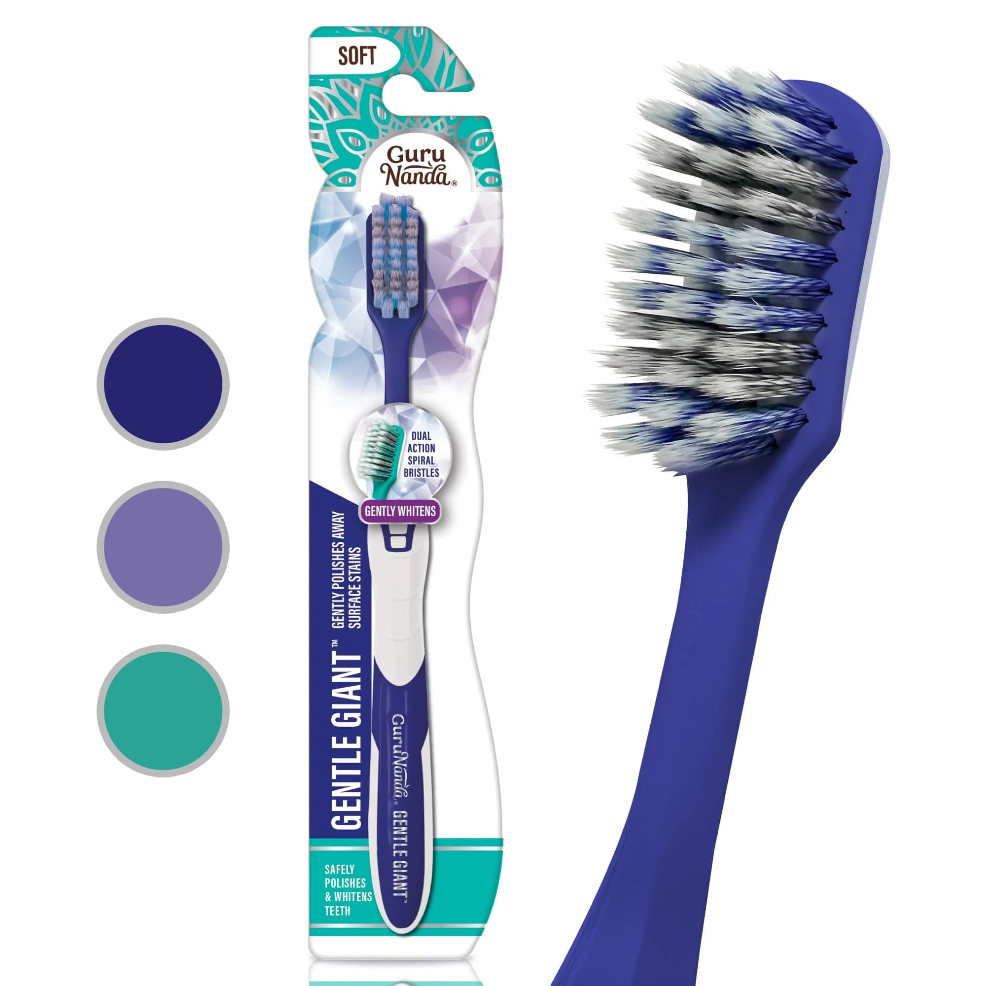 GuruNanda Gentle Giant Toothbrush with Dual Action Flossing Spiral Bristles, Non-Slip Ergo Dexa Grip, BPA Free (1 Count) — Whitening