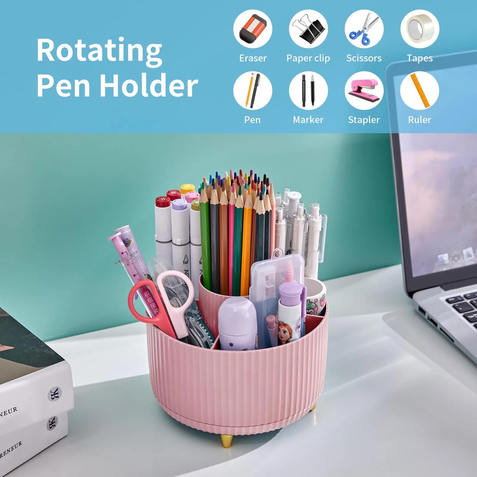 Marbrasse 360 Rotating Desk Organizer Caddy 14.7cm (5.79") | 5 Compartments for Pens, Art Supplies, Office & Home - view 3